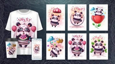 Set cute panda poster and merchandising Stock Illustration
