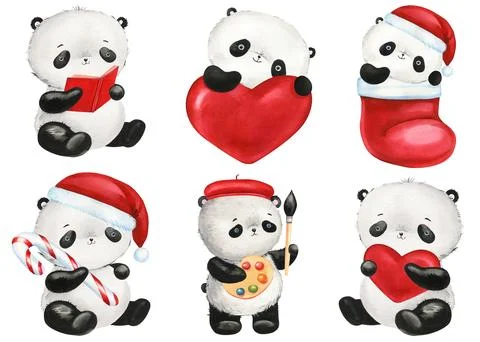 Set cute panda in red Santa hat and gift, love and heart isolated background Stock Illustration