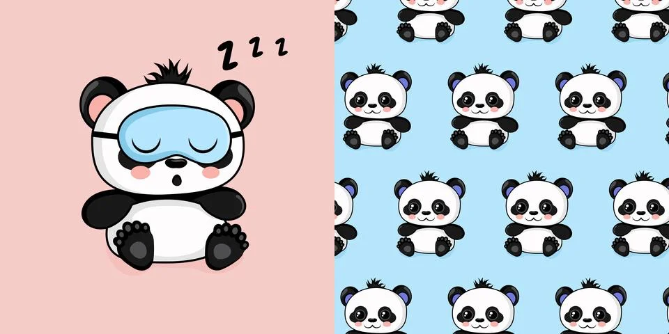 Set with cute panda in sleeping mask and seamless pattern with baby panda. Illustrazione stock