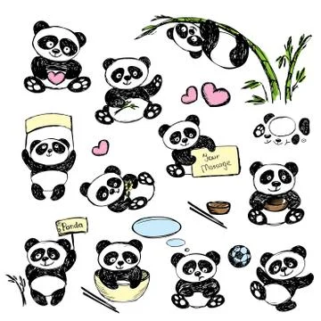 Set Cute Panda in various poses, hand drawing Stock Illustration