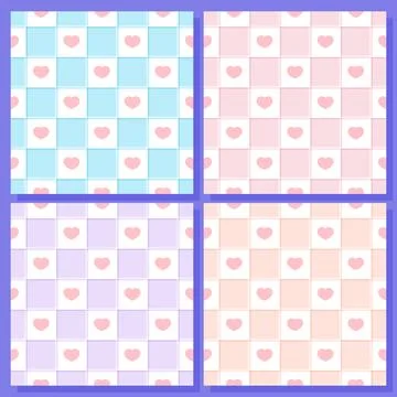 Set of cute pastel checkerboard patterns with hearts. Seamless vector backg.. Stock Illustration