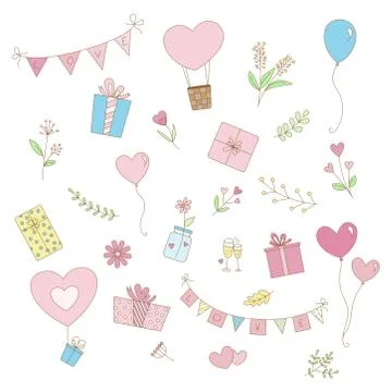 Set of cute pastel valentine elements with hearts, balloon, flowers, leaves,  Stock Illustration
