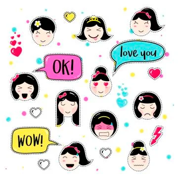 Set of cute patch badges kawaii  anime style Stock Illustration