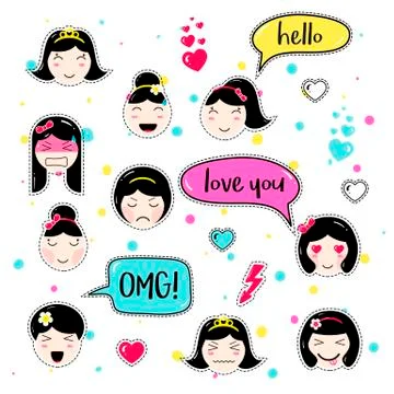 Set of cute patch badges kawaii  anime style Stock Illustration