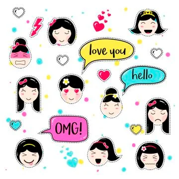 Set of cute patch badges kawaii  anime style Stock Illustration