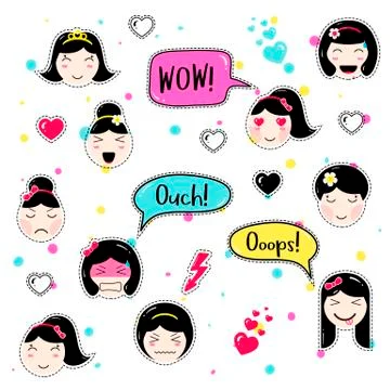 Set of cute patch badges kawaii  anime style Stock Illustration