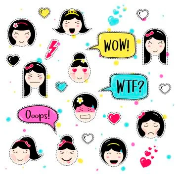 Set of cute patch badges kawaii  anime style Stock Illustration