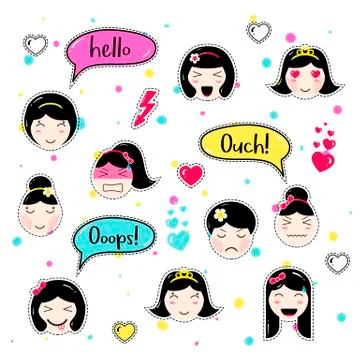 Set of cute patch badges kawaii  anime style Illustrazione stock