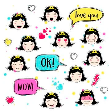 Set of cute patch badges kawaii  anime style Stock Illustration