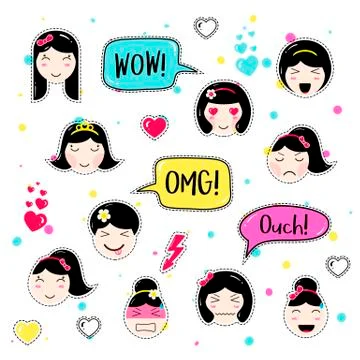 Set of cute patch badges kawaii  anime style Stock Illustration