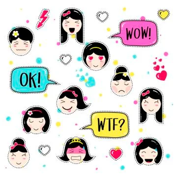 Set of cute patch badges kawaii  anime style Stock Illustration