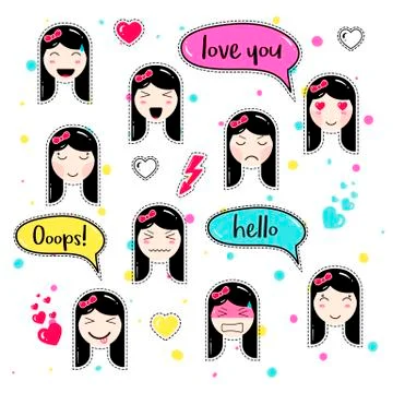 Set of cute patch badges kawaii  anime style Stock Illustration