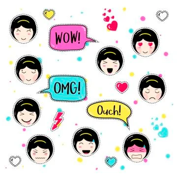 Set of cute patch badges kawaii  anime style Stock Illustration