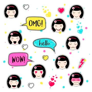 Set of cute patch badges kawaii  anime style Stock Illustration