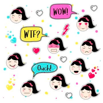 Set of cute patch badges kawaii  anime style Stock Illustration