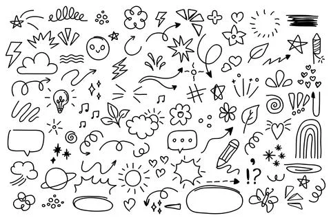 Set of cute pen line doodle element isolated on white background. Hand draw.. Stock Illustration
