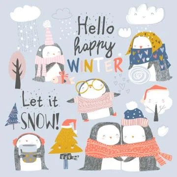 Set of cute penguin characters in winter clothes Stock Illustration
