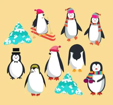 Set with cute penguins character Illustrazione stock
