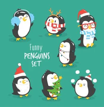 Set of cute penguins. Vector illustration Stock Illustration
