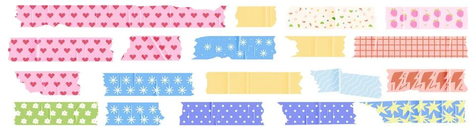 A set of cute pieces of torn scotch tape with colorful prints. Trendy Stock Illustration