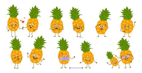 Set of cute pineapple characters with emotions, faces, arms and legs. Happy or Stock-Illustration