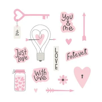 Set of cute pink elements, lettering for st. Valentines day, scrapbooking Stock Illustration