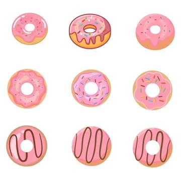 Set of cute pink glazed donuts with sprinkles and chocolate drizzle, vector.. Stock-Illustration
