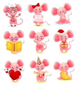 Set of the cute pink mouse in different situations. Vector illustration in flat Stock Illustration