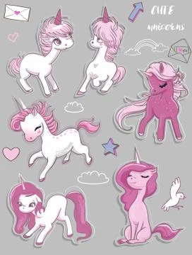 Set with cute pink unicorns Stock Illustration