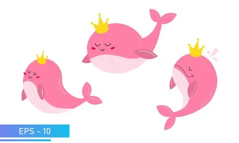 Set of cute pink whale in delicate pink colors and a golden crown on his head Stock Illustration