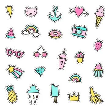 Set of cute pins, stickers, objects. Stock Illustration