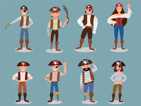 A set of cute pirate characters. vector illustration in cartoon style Stock Illustration