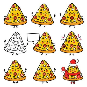 Set of cute pizza slice characters Иллюстрация
