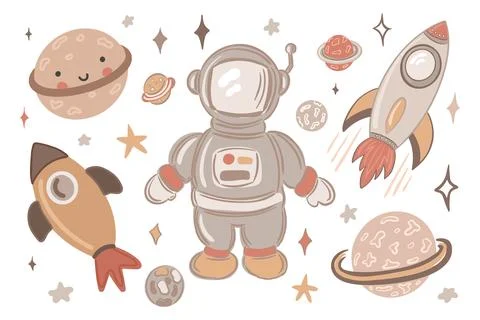 Set of cute planets, stars, rocket and astronaut isolated on white background Stock Illustration