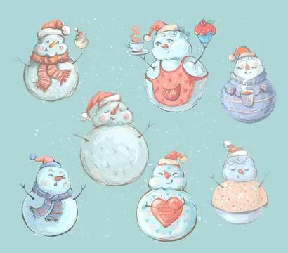 Set of cute playful snowmen. Elements from the Christmas collection of Stock Illustration