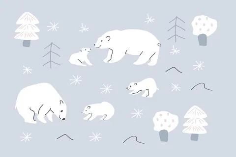 Set of cute polar bear moms and kids with trees Stock Illustration