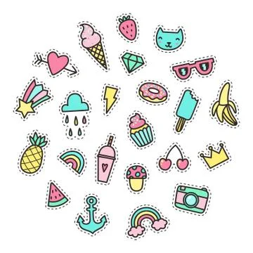Set of cute pop stickers. Stock Illustration