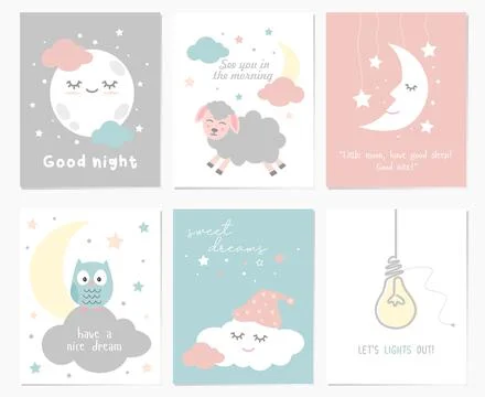 A set of cute postcards for good night greetings Stock Illustration