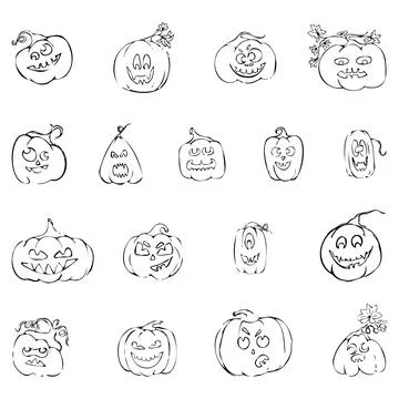 Set of cute pumpkins of different shapes with faces isolated on white. Stock Illustration