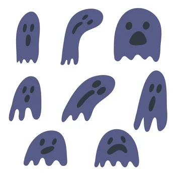 Set of cute purple cartoon ghost poltergeist hand drawn, ghosts halloween des Stock Illustration