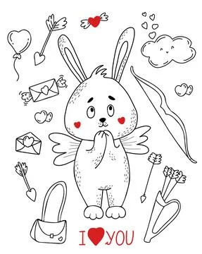 Set with Cute rabbit cupid with wings, love letters and balloon, cloud and bow w Stock Illustration