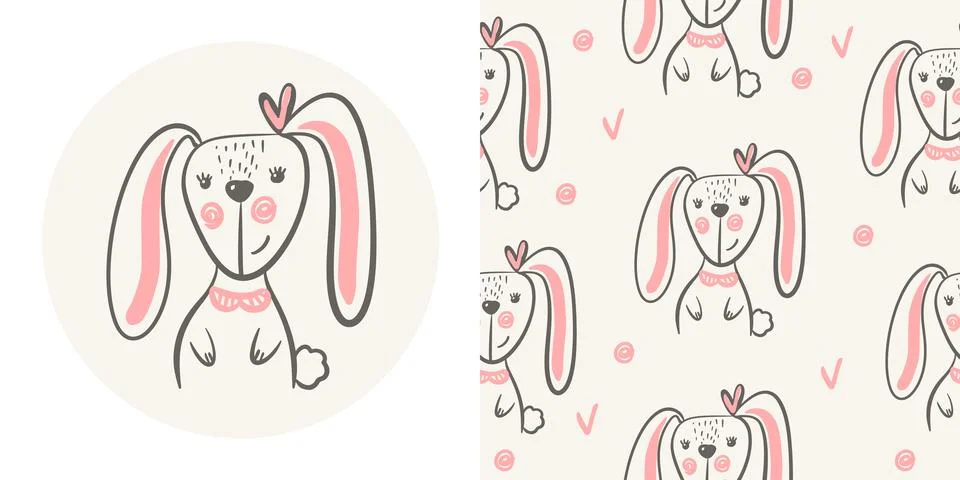 Set a cute rabbit with a pink bow on its head and kids seamless pattern with Stock Illustration