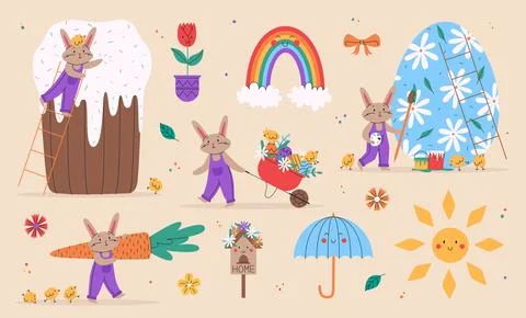 Set of cute rabbits and chicks for Easter Day. Vector illustration for Easter Stock Illustration