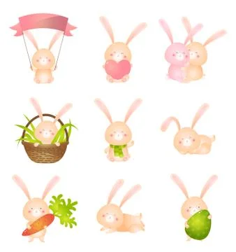 Set of cute rabbits in different poses or holding various things isolated on Stock Illustration