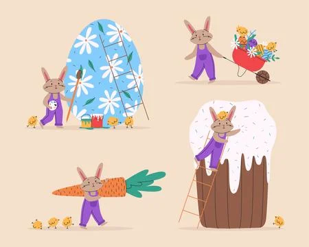 Set of cute rabbits for Easter Day. Vector illustration for Easter. Bunny w.. Stock Illustration