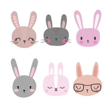 Set of cute rabbits. Funny doodle animals. Little bunny in cartoon style Stock Illustration