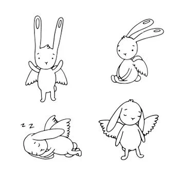 Set of cute rabbits with wings. Stock Illustration