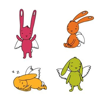 Set of cute rabbits with wings Stock Illustration
