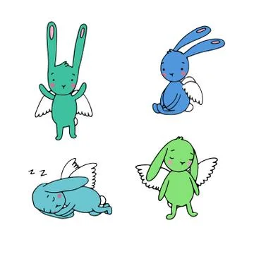 Set of cute rabbits with wings Stock Illustration