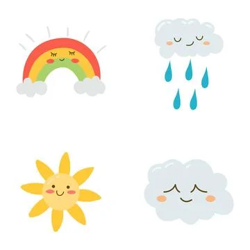 Set of Cute Rain Cloud Rainbow Sun Cartoon Character in the Sky イラスト素材